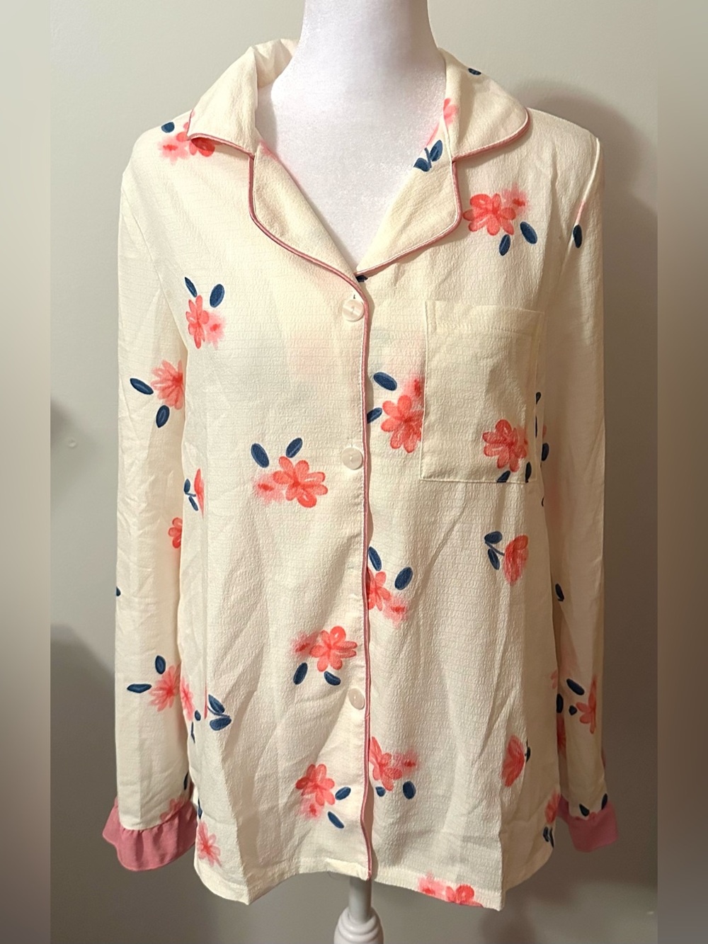 Dolls PJ Floral Cream & Pink Women's Pajama Top Soft Button Down- Women’s